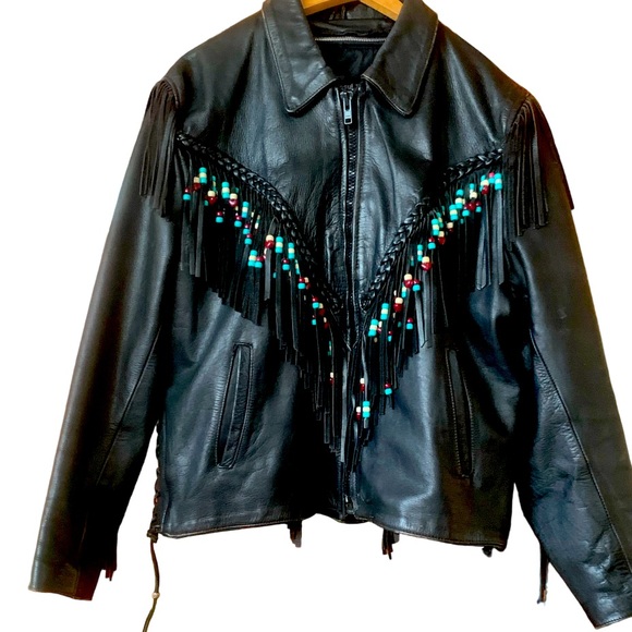 FIRST GENUINE LEATHER VINTAGE 90s Custom Fringe Biker Motorcycle Jacket -Size 20 - Picture 1 of 11